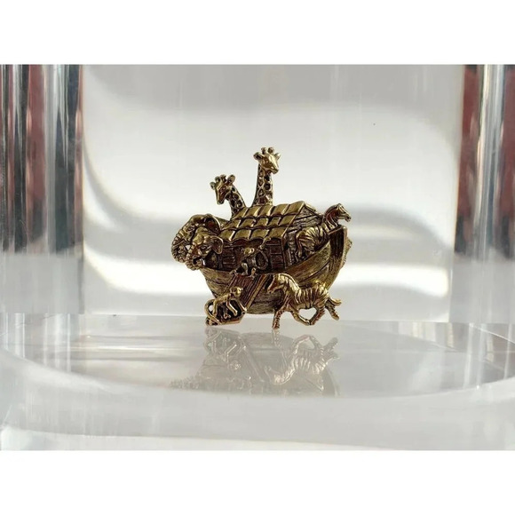 Noah's Ark Vintage Gold T Avon Brooch w/ Giraffes, Elephants, Zebras & Monkeys - Picture 2 of 10